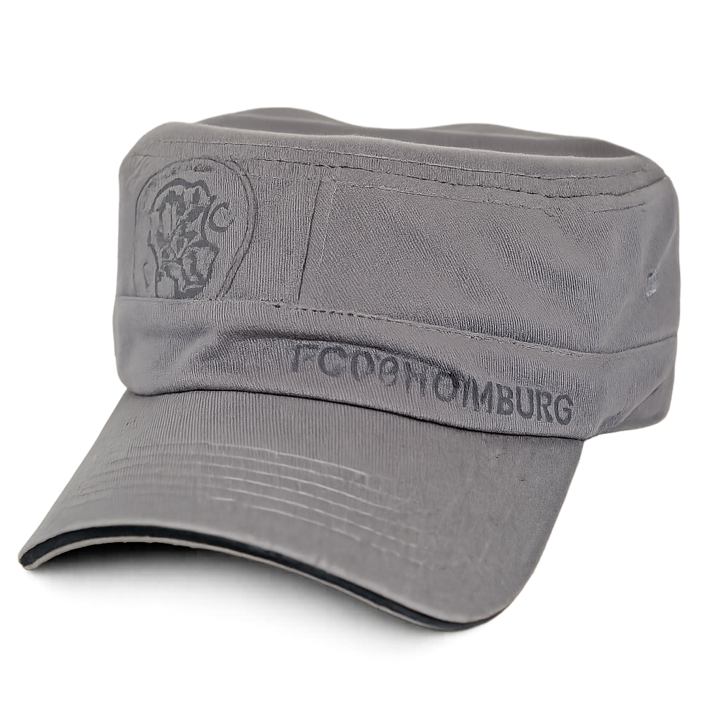 Graues Military-Cap mit Stickerei „FC08Homburg“ und Wappen-Emblem, freigestellt auf transparentem Hintergrund.