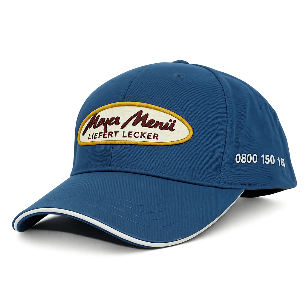 Blaue Baseballcap mit besticktem Logo-Patch und seitlicher Telefonnummer, freigestellte Produktaufnahme.